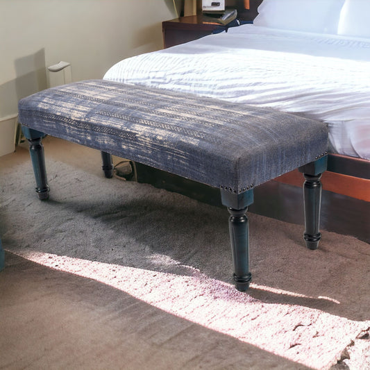47" Blue And Cream Abstract Design Blue Leg Upholstered Bench-1
