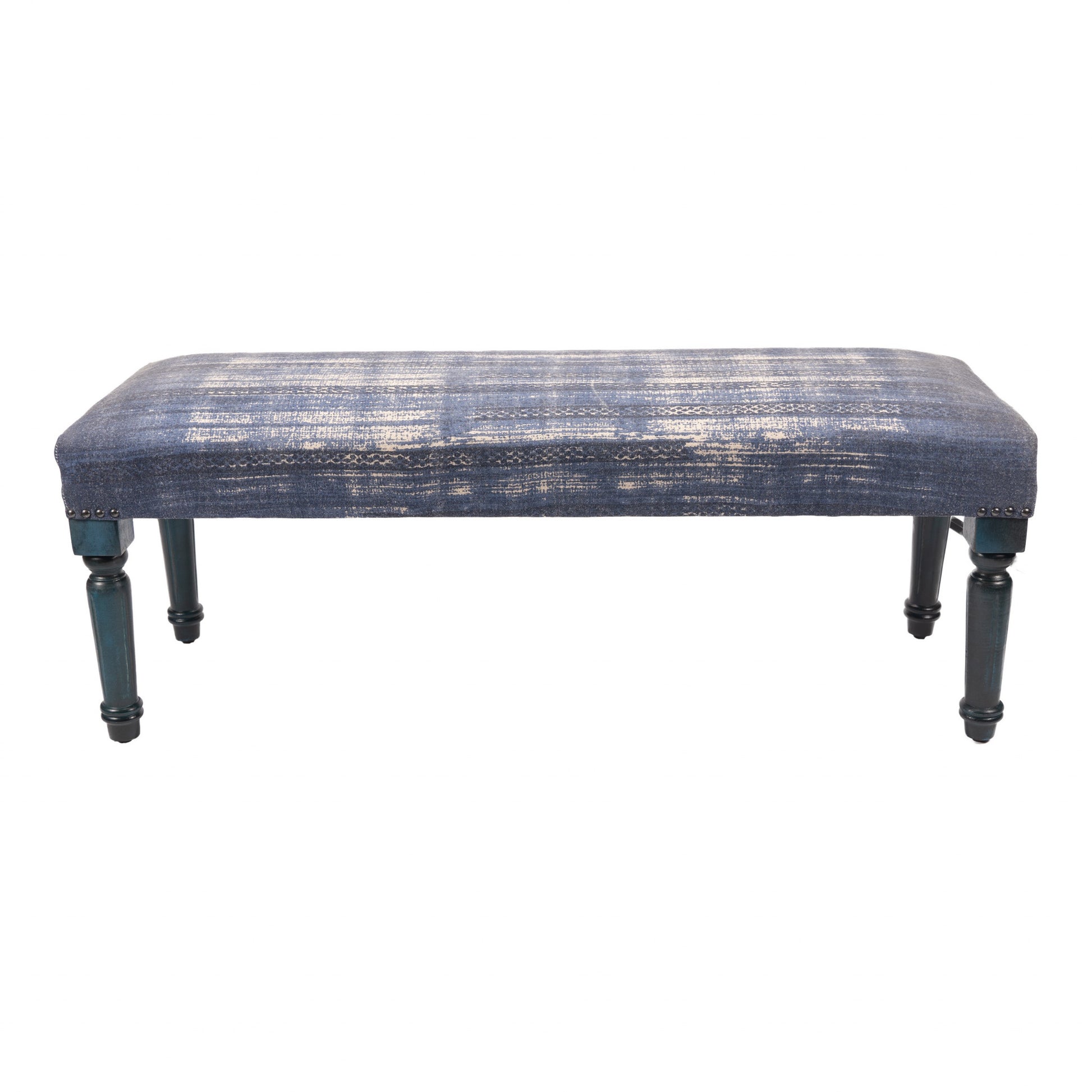47" Blue And Cream Abstract Design Blue Leg Upholstered Bench-2