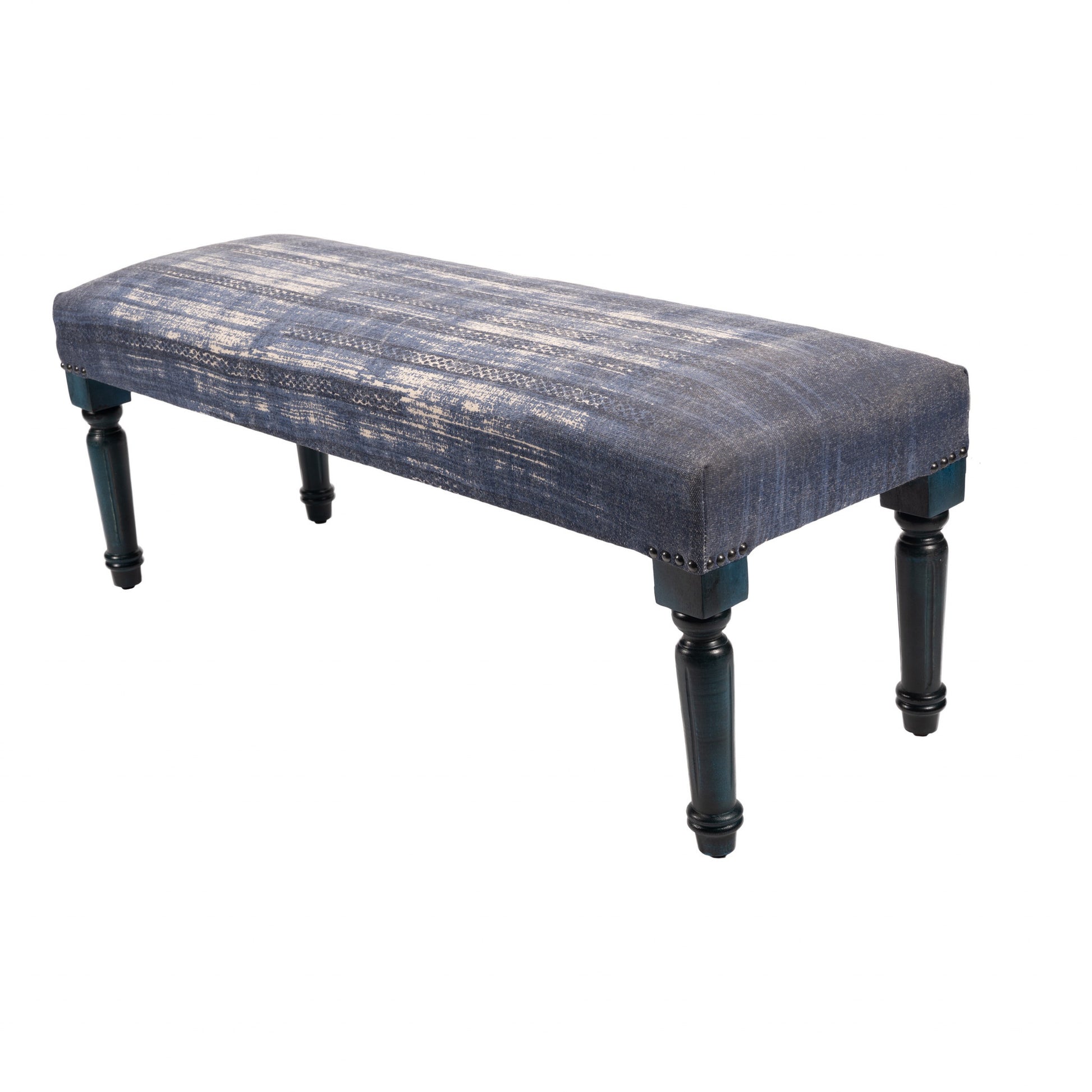 47" Blue And Cream Abstract Design Blue Leg Upholstered Bench-5