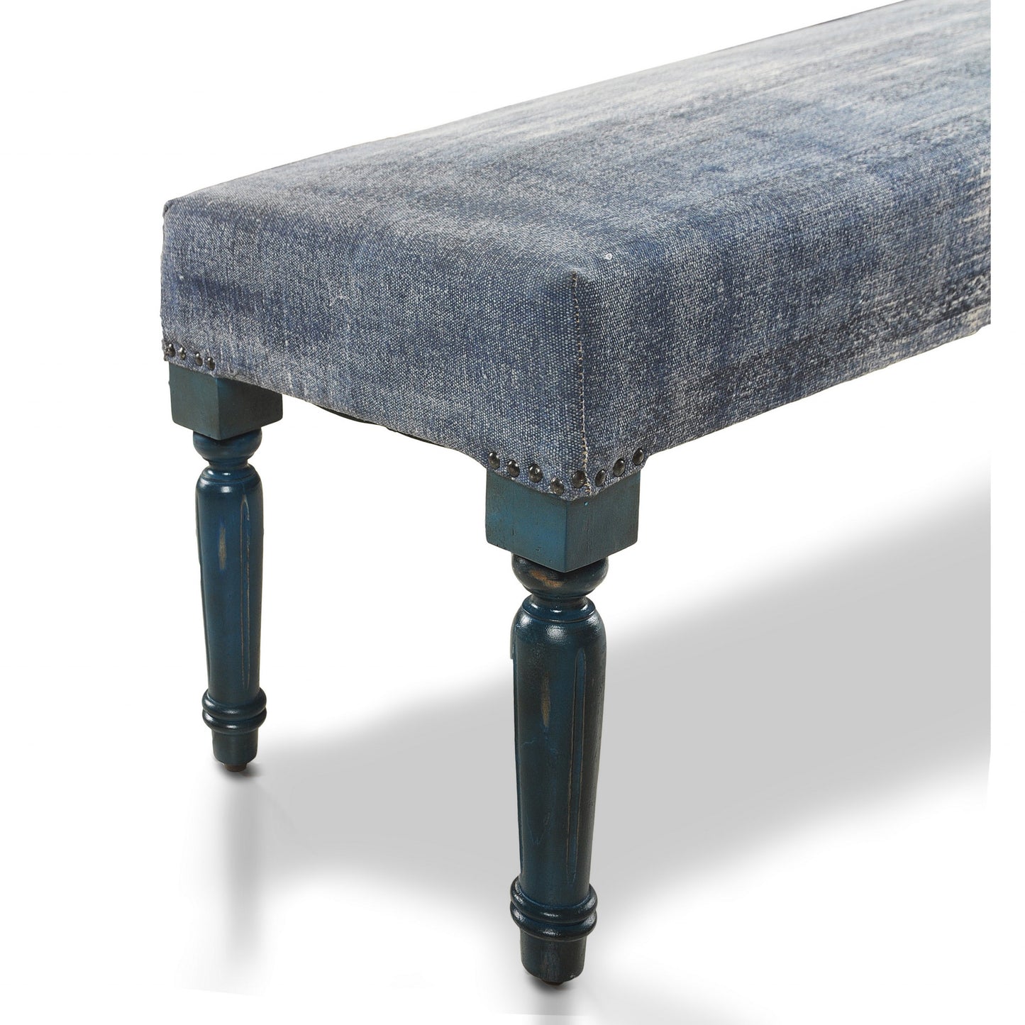 47" Blue And Cream Abstract Design Blue Leg Upholstered Bench-3