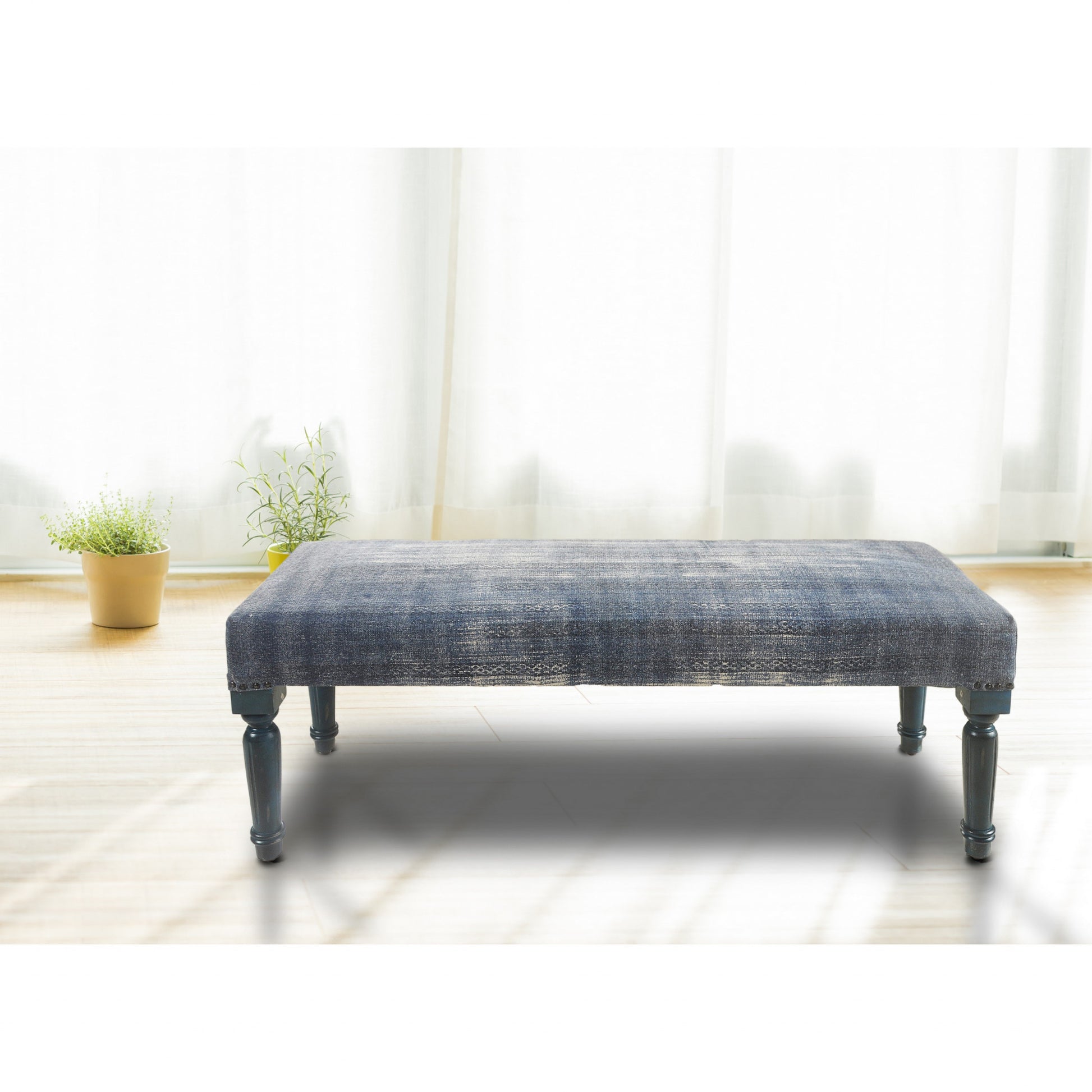 47" Blue And Cream Abstract Design Blue Leg Upholstered Bench-6