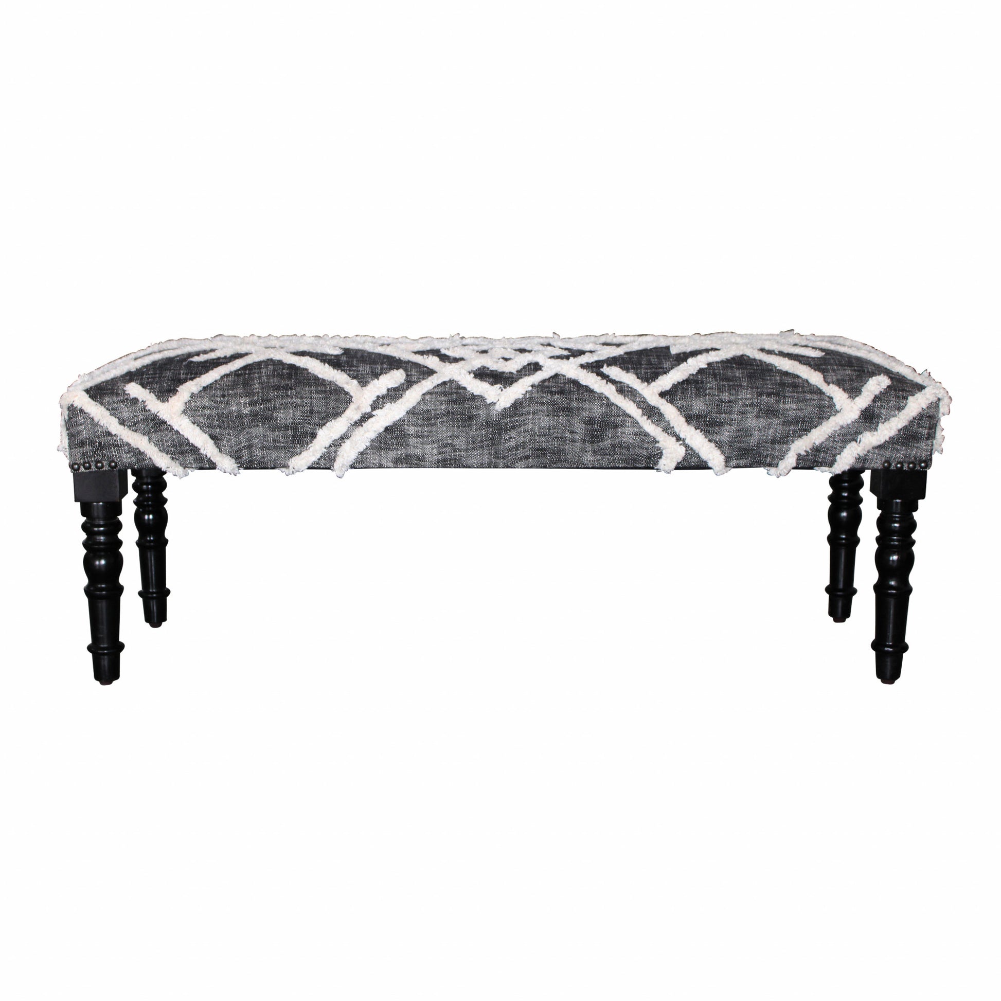 47" Gray And White Geometric Cotton Upholstered Distressed Bench-0