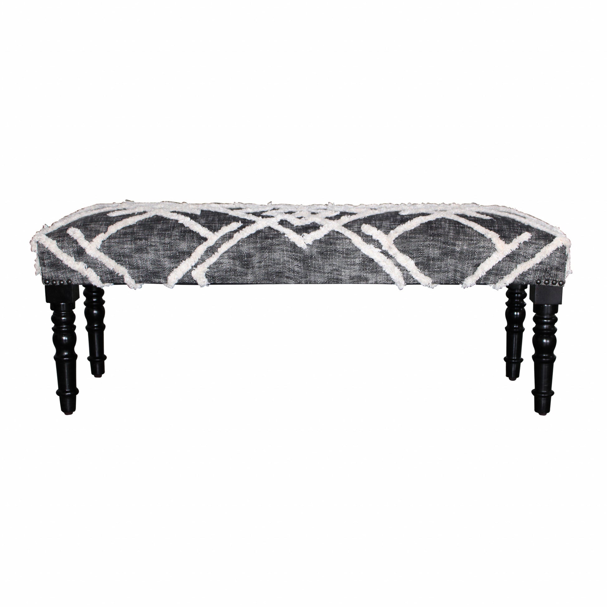 47" Gray And White Geometric Cotton Upholstered Distressed Bench-2
