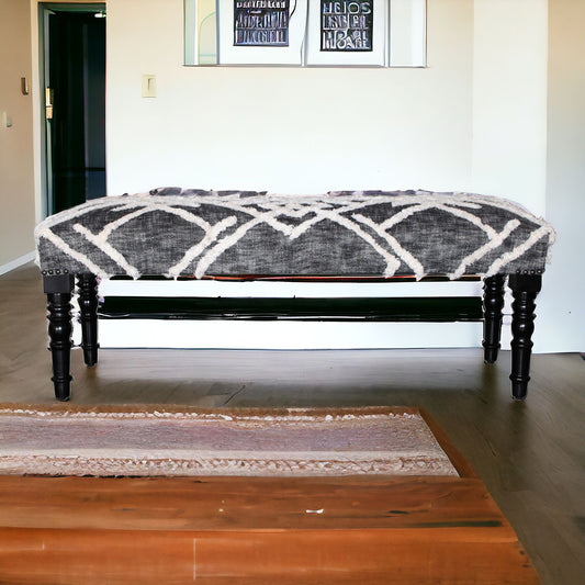 47" Gray And White Geometric Cotton Upholstered Distressed Bench-1