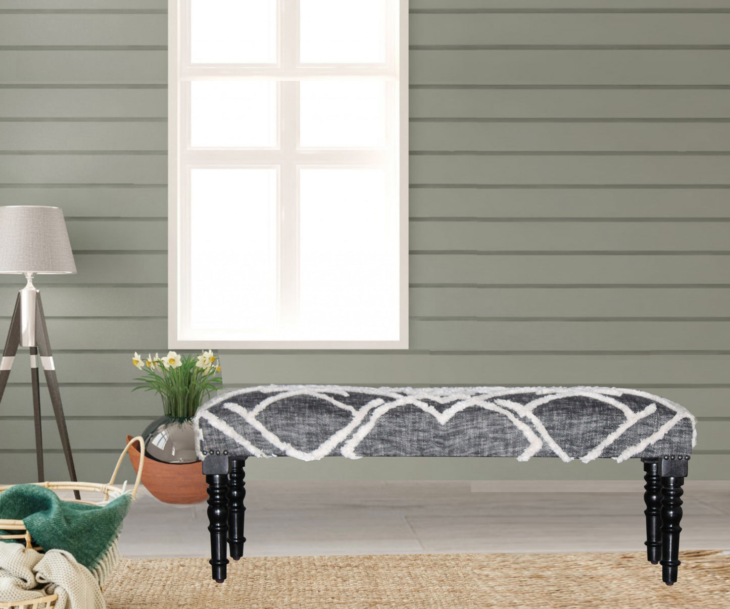 47" Gray And White Geometric Cotton Upholstered Distressed Bench-5