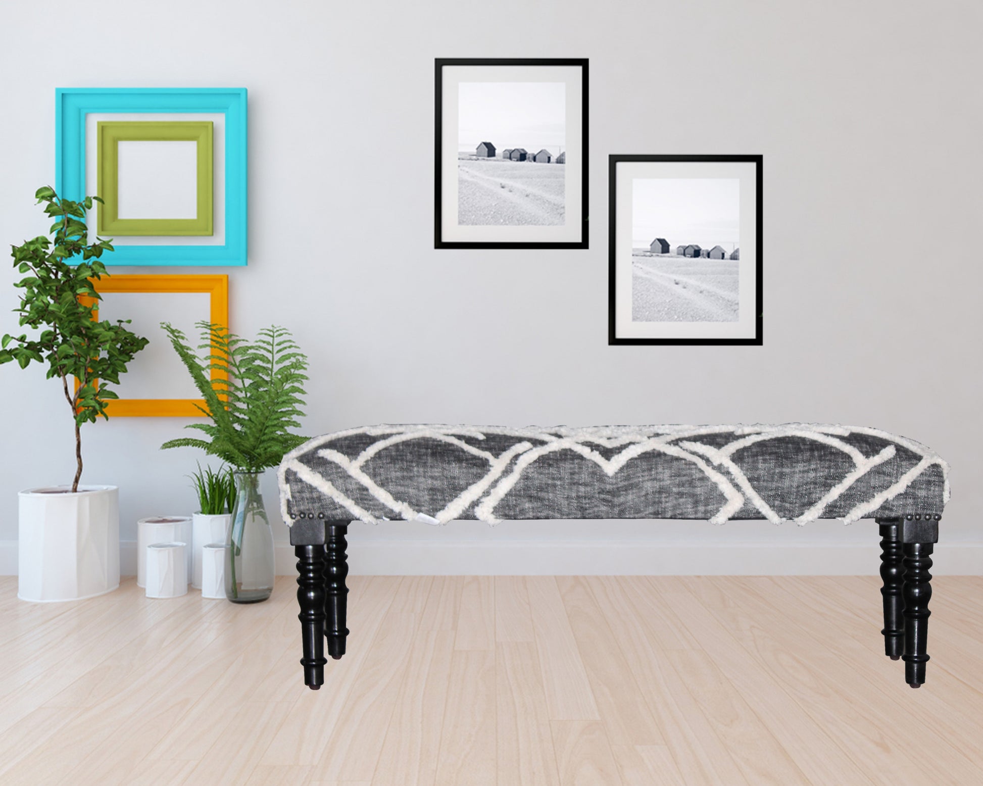 47" Gray And White Geometric Cotton Upholstered Distressed Bench-6