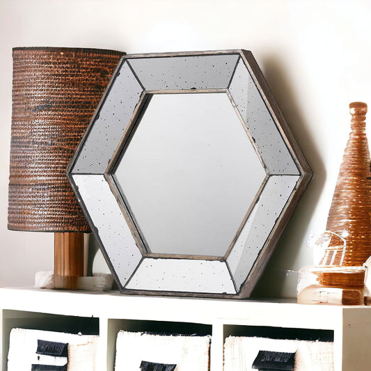 18" Hexagon Wall Mounted Vintage Style Glass Frame Accent Mirror-0