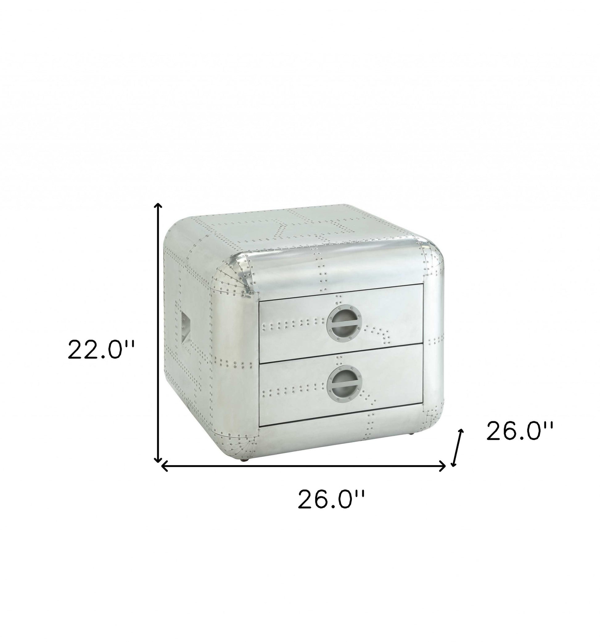 22" Silver Aluminum Aviator Trunk Style Square End Table With Two Drawers-5