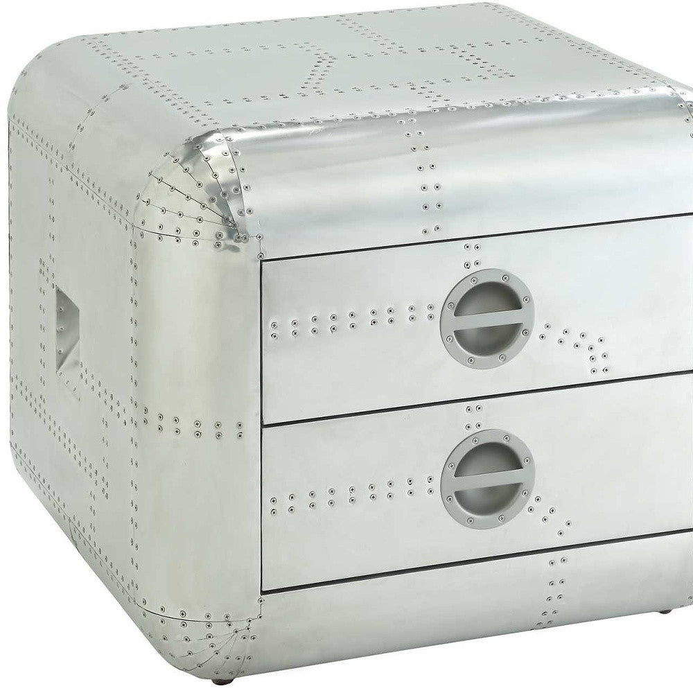 22" Silver Aluminum Aviator Trunk Style Square End Table With Two Drawers-3