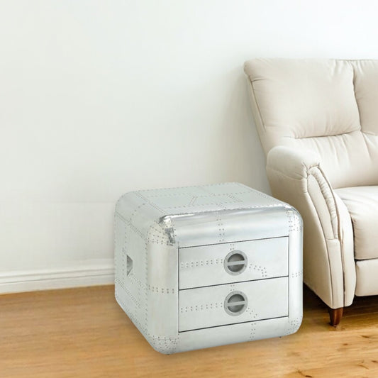 22" Silver Aluminum Aviator Trunk Style Square End Table With Two Drawers-1