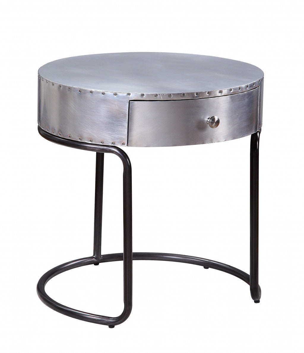 21" Aluminum And Manufactured Wood Round End Table With Drawer-0