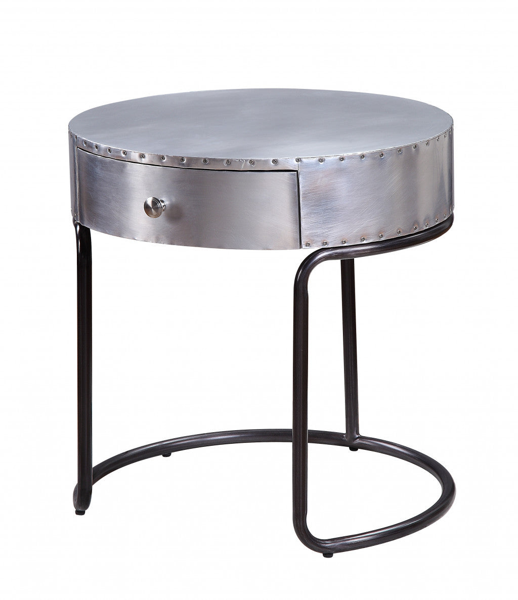 21" Aluminum And Manufactured Wood Round End Table With Drawer-2