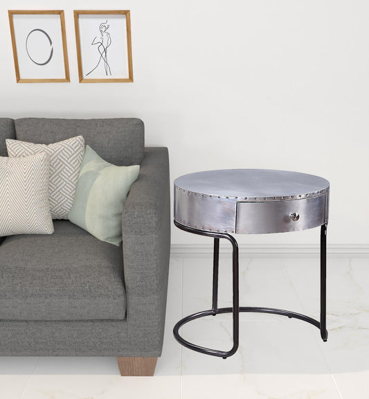 21" Aluminum And Manufactured Wood Round End Table With Drawer-1