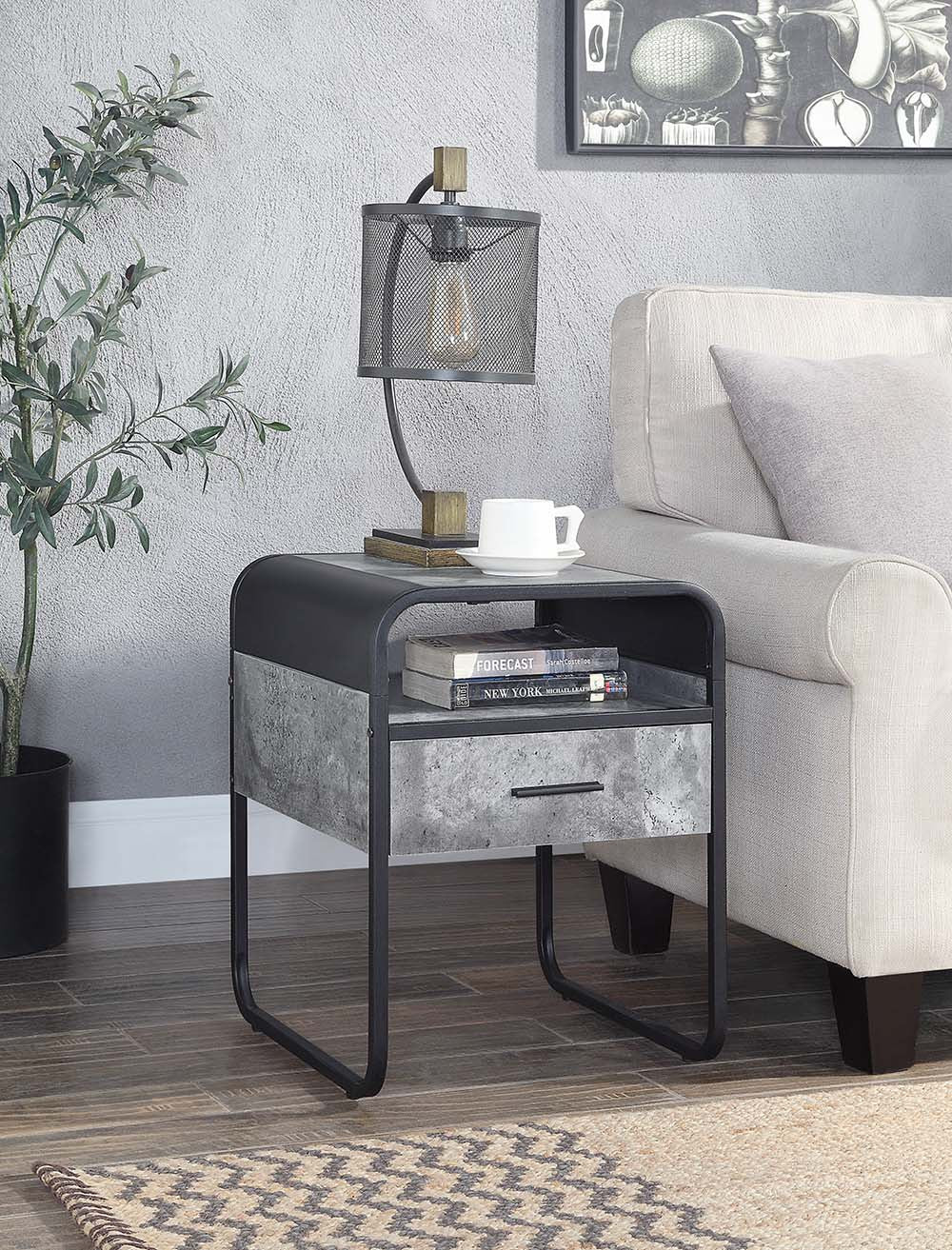 22" Black And Gray Wood And Metal Square End Table With Drawer And Shelf-5