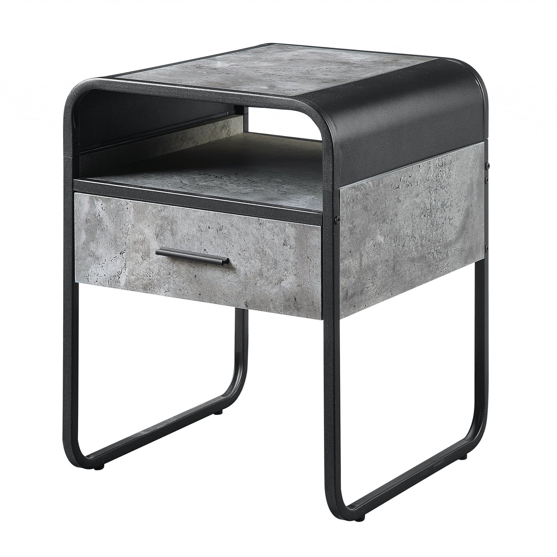 22" Black And Gray Wood And Metal Square End Table With Drawer And Shelf-2