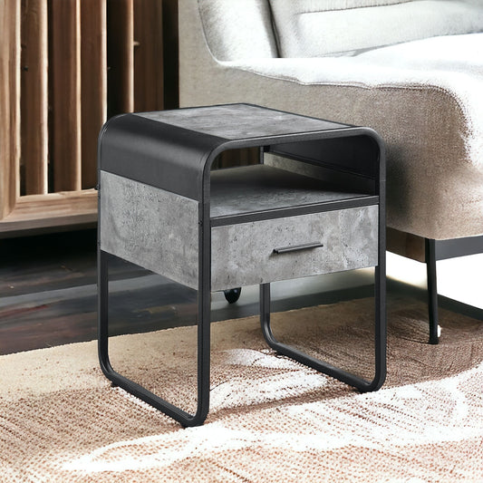 22" Black And Gray Wood And Metal Square End Table With Drawer And Shelf-1