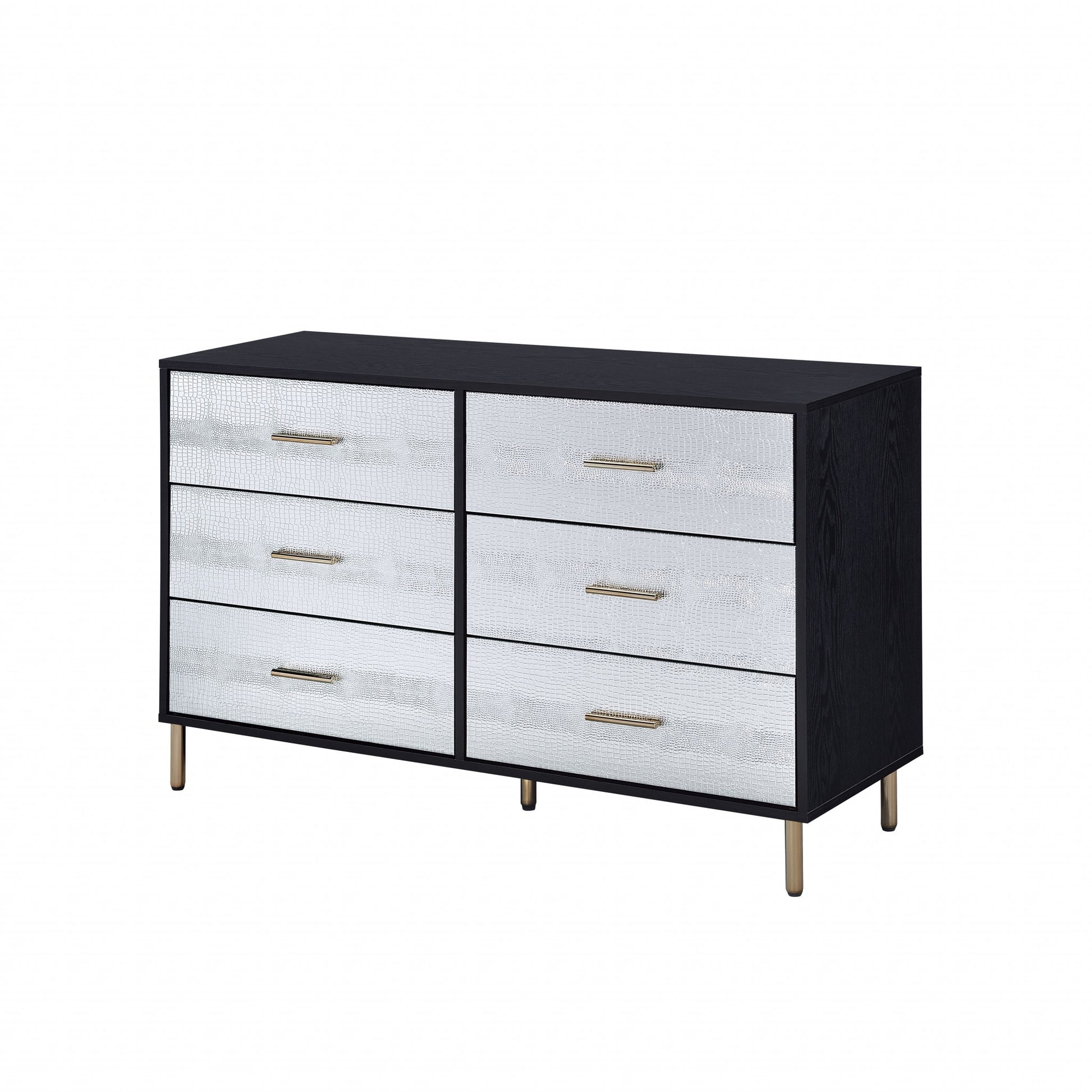 47" Black  Silver and Gold Faux Croc Design Six Drawer Double Dresser-2
