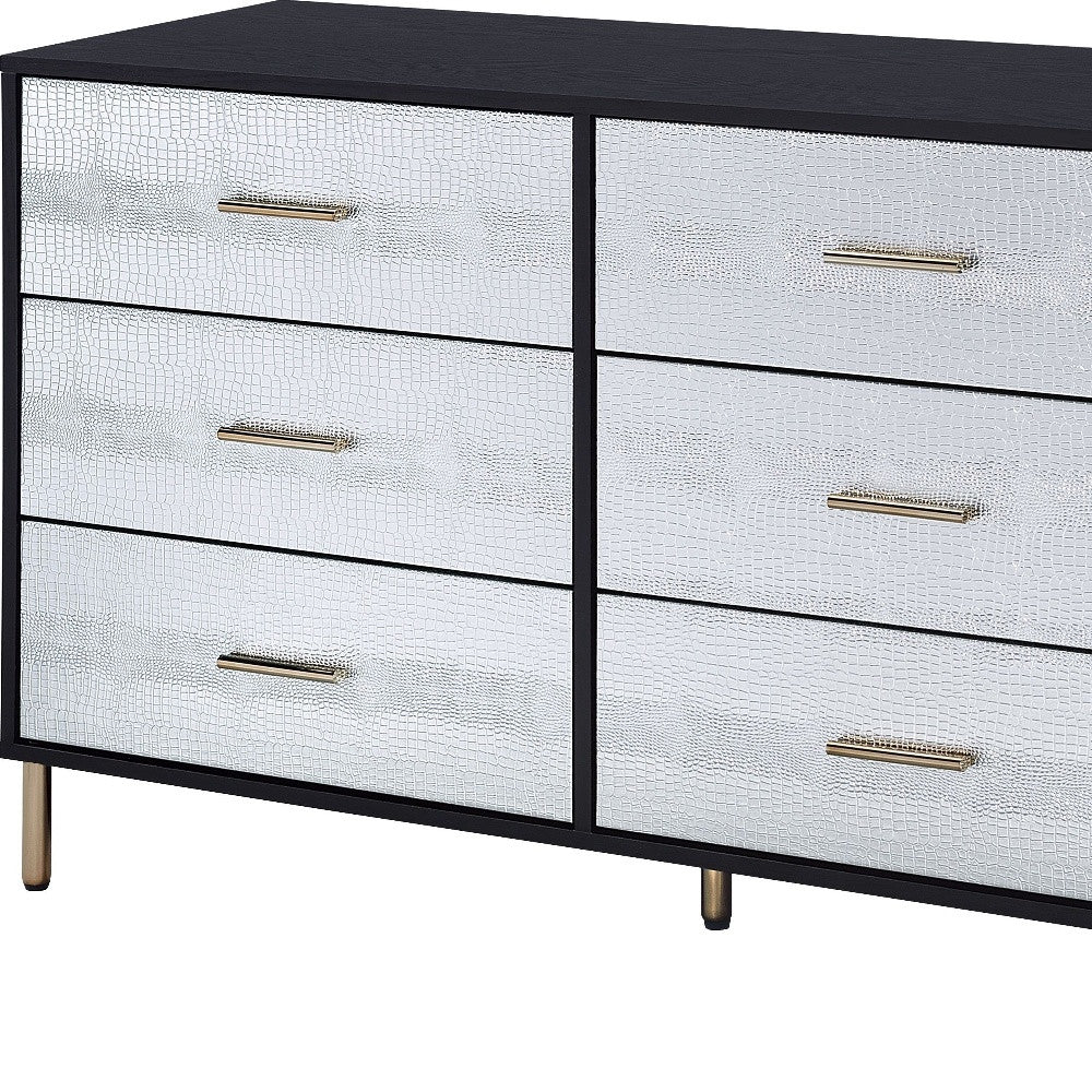 47" Black  Silver and Gold Faux Croc Design Six Drawer Double Dresser-3