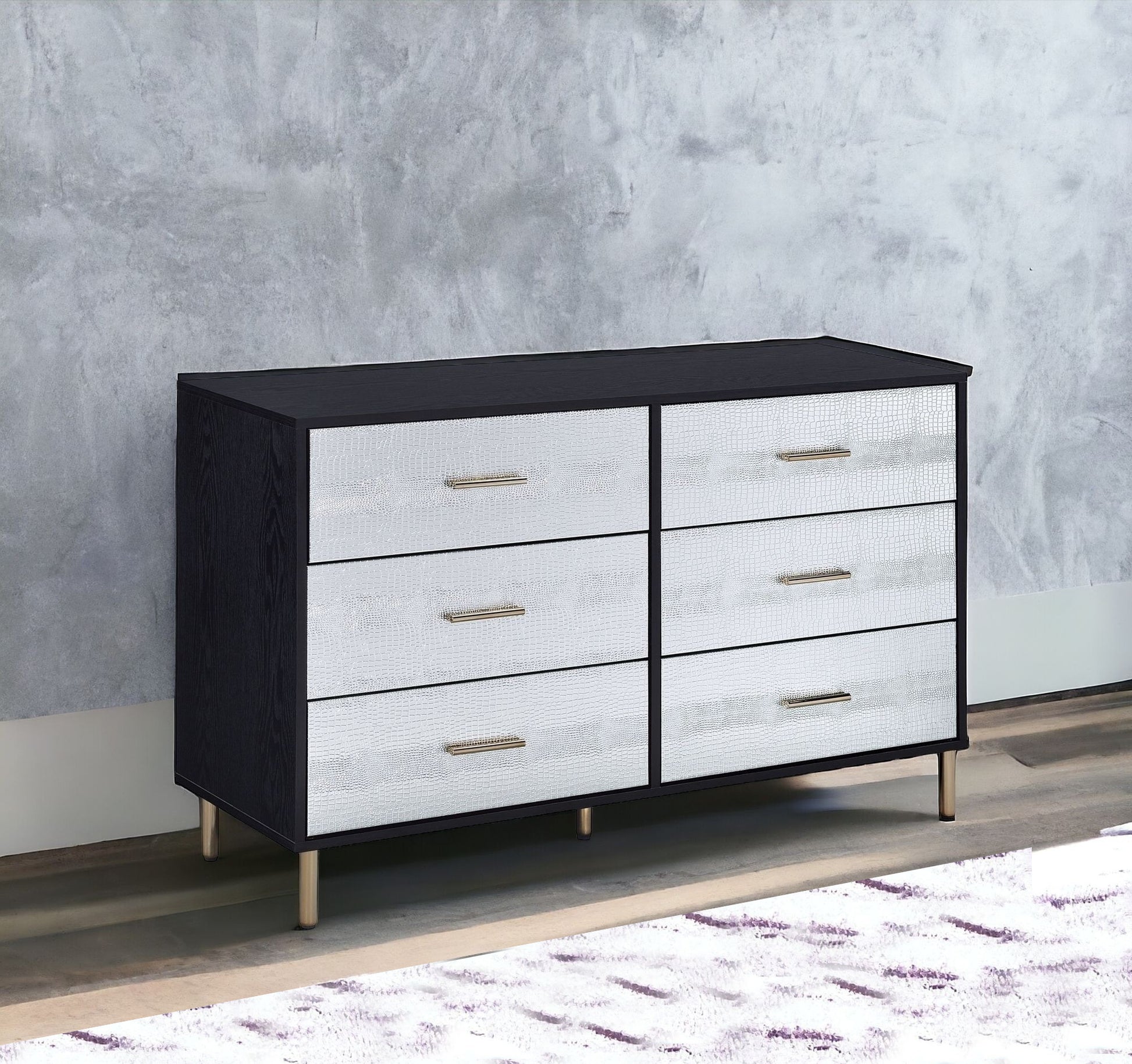 47" Black  Silver and Gold Faux Croc Design Six Drawer Double Dresser-0