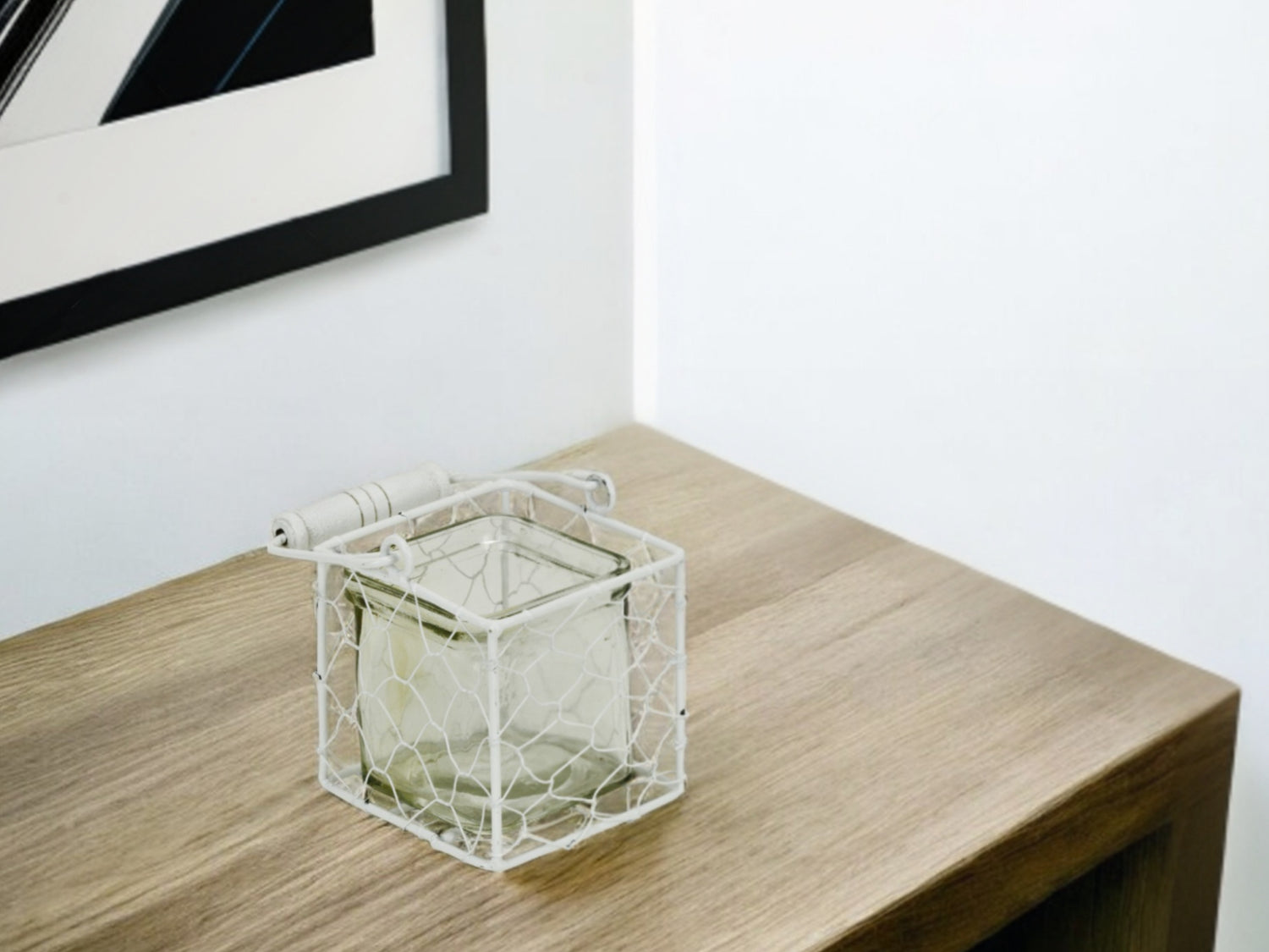 4" White Glass and Metal Lattice Tabletop Lantern Candle Holder-0
