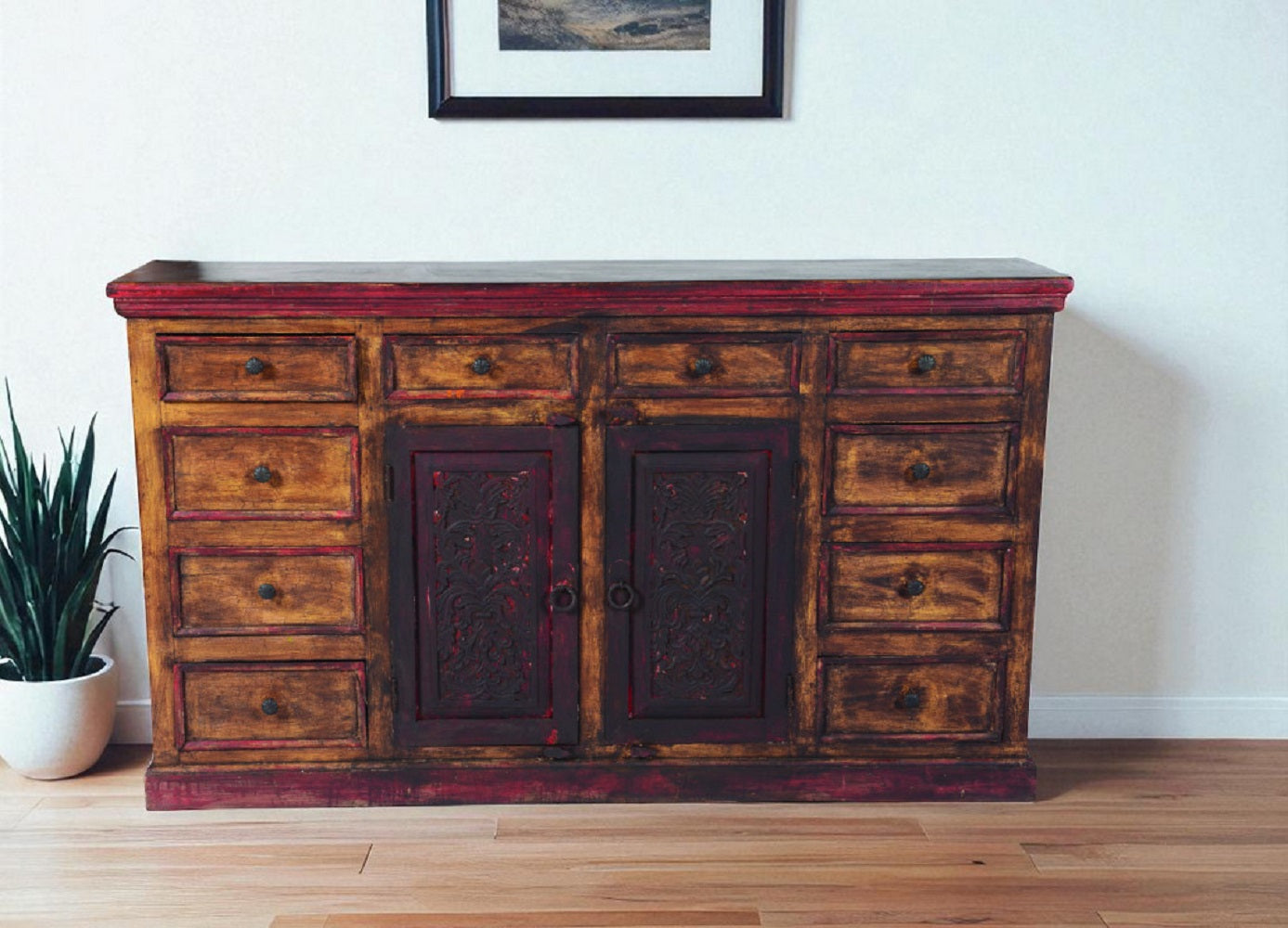 72" Brown And Red Distressed Solid Wood Carved Scrollwork Ten Drawer Buffet Table with Two Doors-0