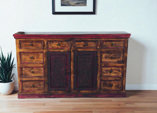 72" Brown And Red Distressed Solid Wood Carved Scrollwork Ten Drawer Buffet Table with Two Doors-0