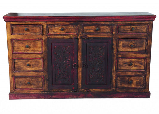72" Brown And Red Distressed Solid Wood Carved Scrollwork Ten Drawer Buffet Table with Two Doors-1