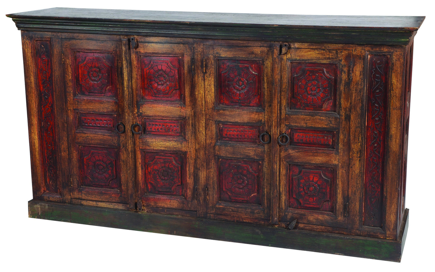 80" Brown And Red Distressed Solid Wood Carved Floral Buffet Table with Four Doors-2