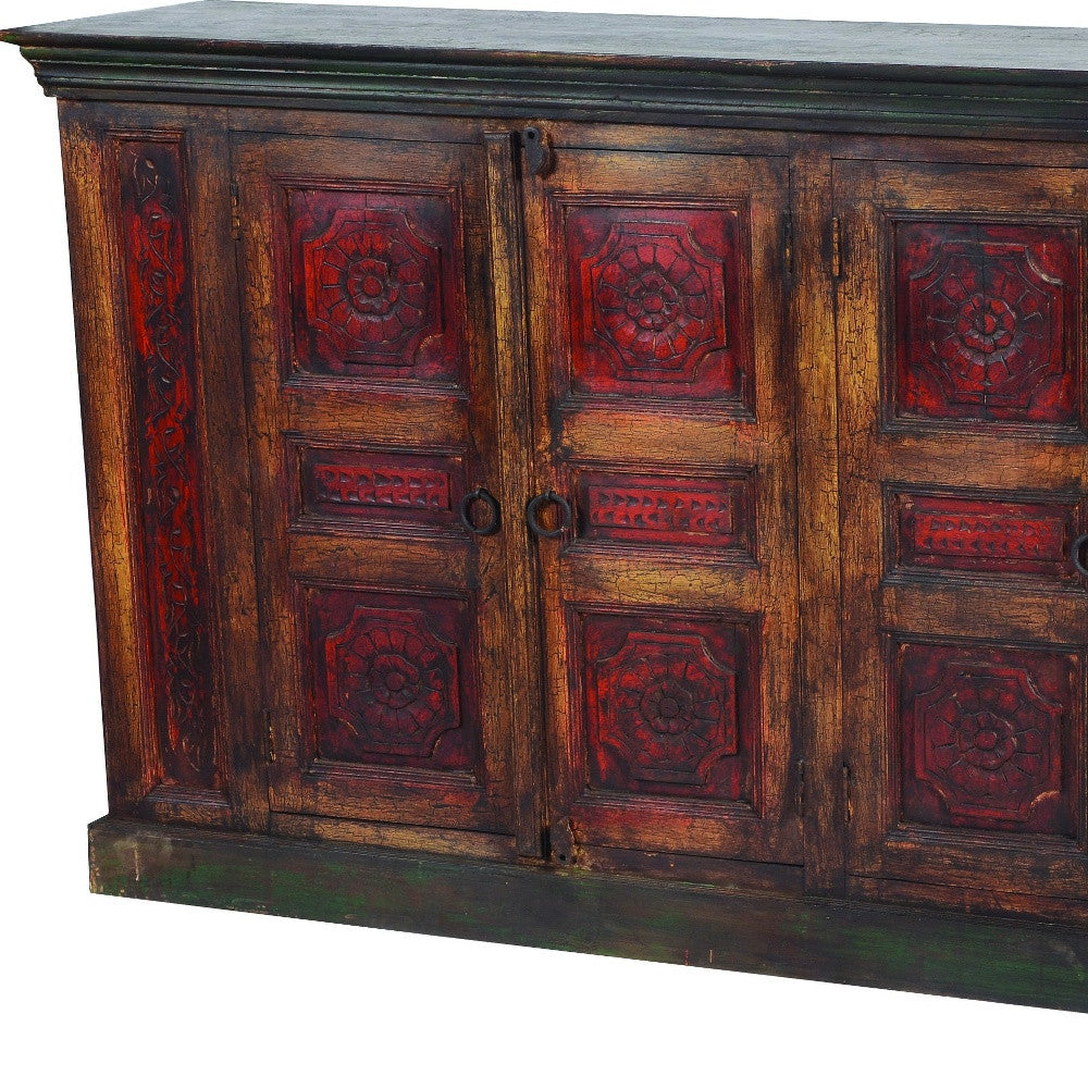 80" Brown And Red Distressed Solid Wood Carved Floral Buffet Table with Four Doors-3