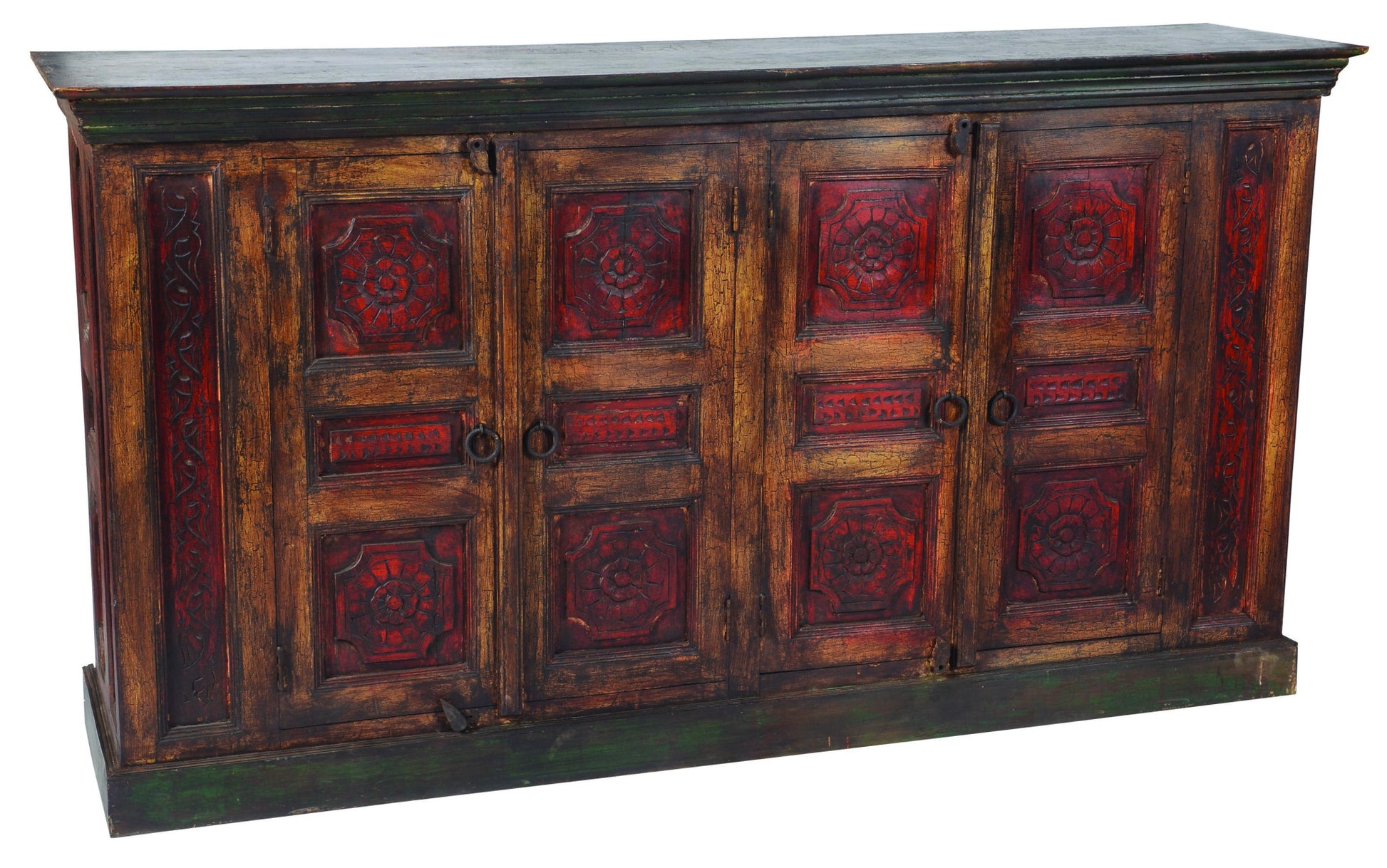 80" Brown And Red Distressed Solid Wood Carved Floral Buffet Table with Four Doors-1
