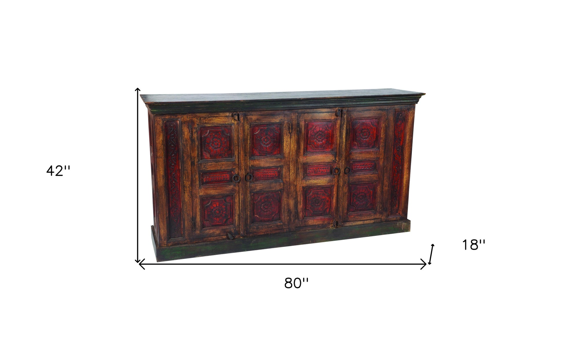 80" Brown And Red Distressed Solid Wood Carved Floral Buffet Table with Four Doors-4