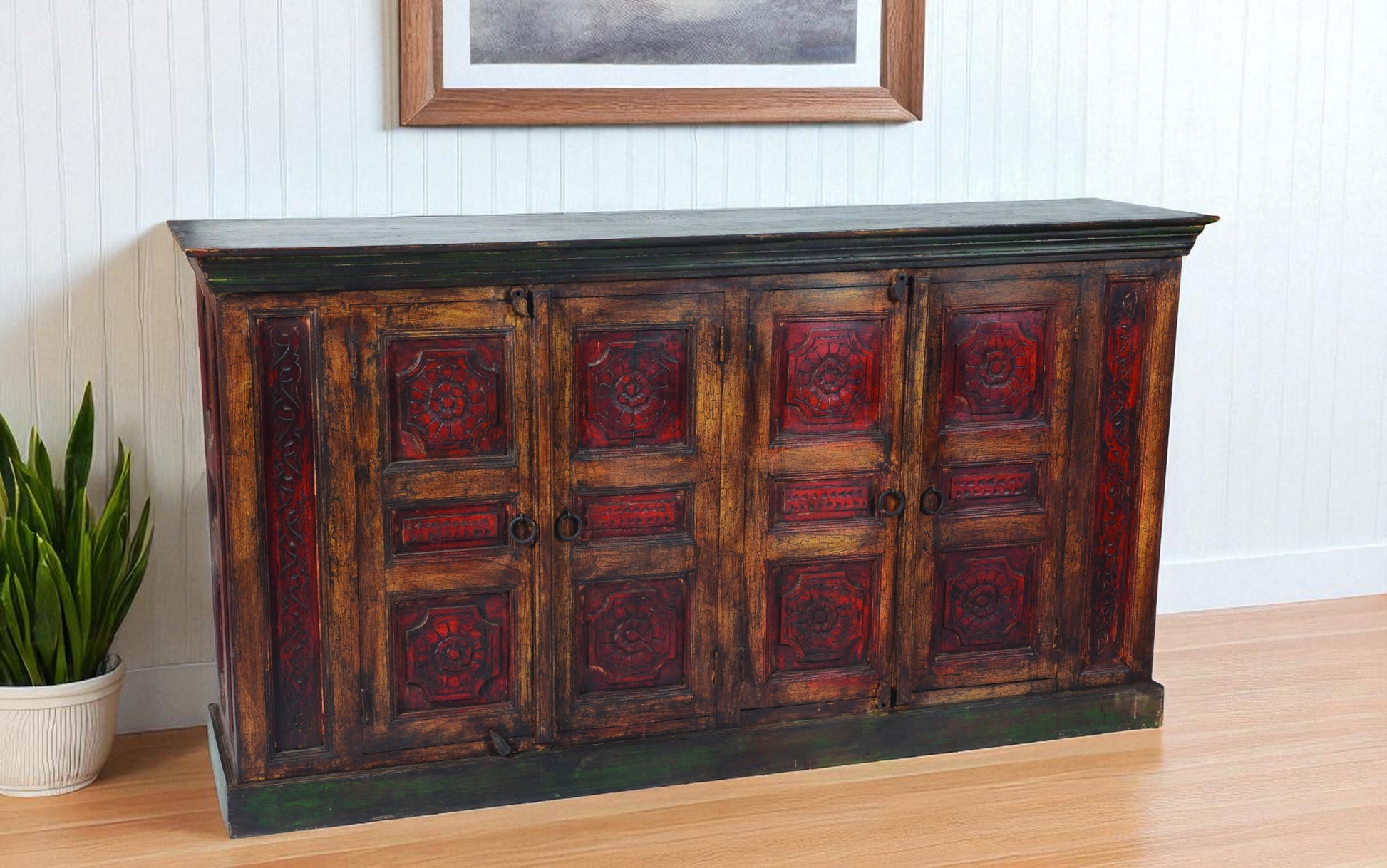 80" Brown And Red Distressed Solid Wood Carved Floral Buffet Table with Four Doors-0