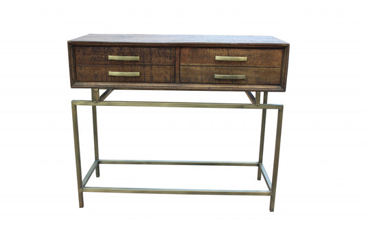 36" Brown and Brass Solid Wood Distressed Frame Console Table With Storage-0