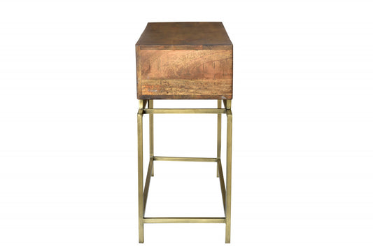 36" Brown and Brass Solid Wood Distressed Frame Console Table With Storage-1