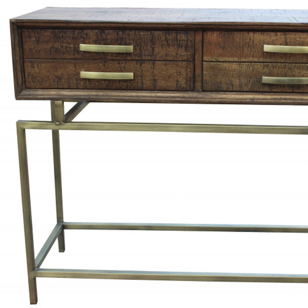 36" Brown and Brass Solid Wood Distressed Frame Console Table With Storage-4