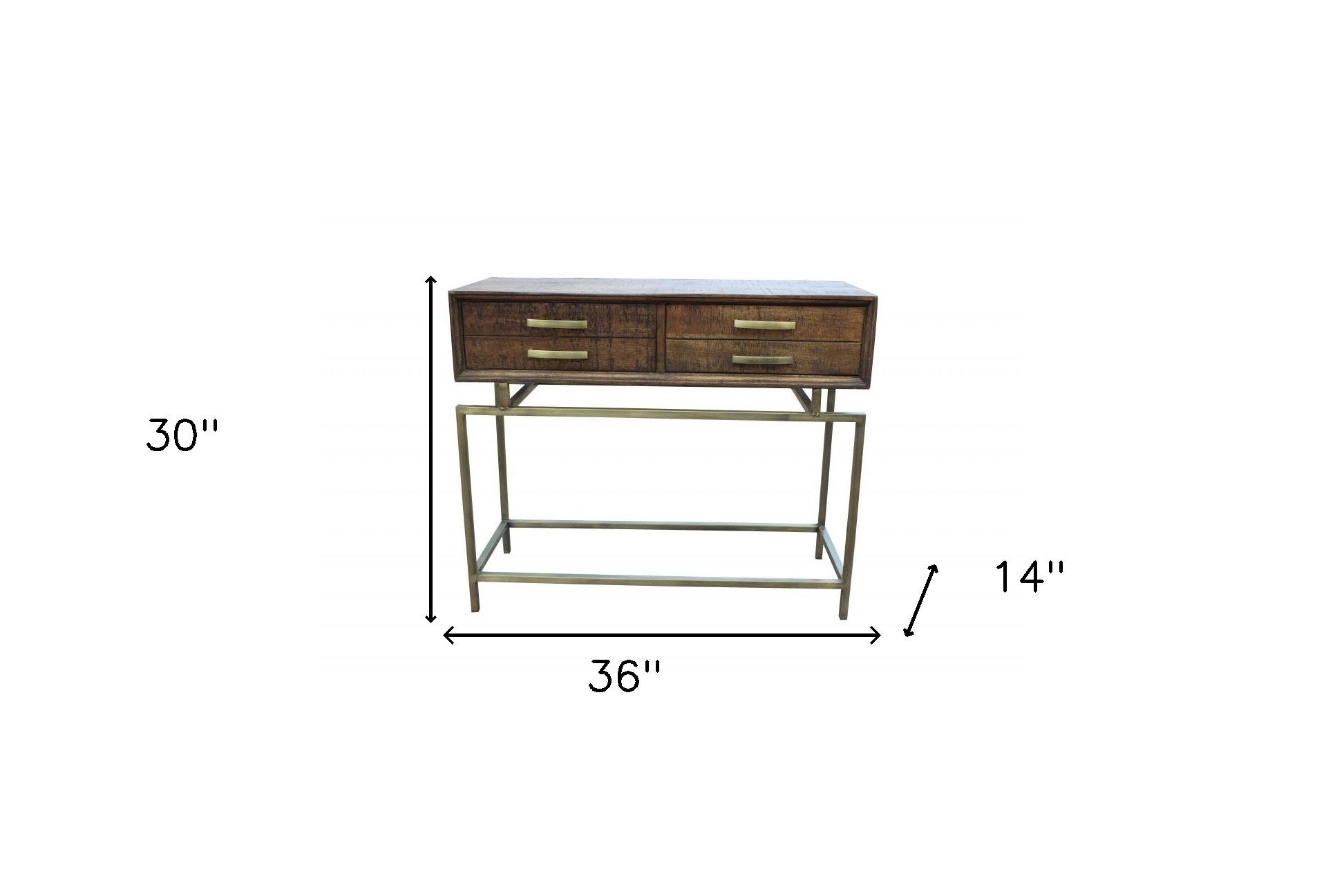 36" Brown and Brass Solid Wood Distressed Frame Console Table With Storage-5