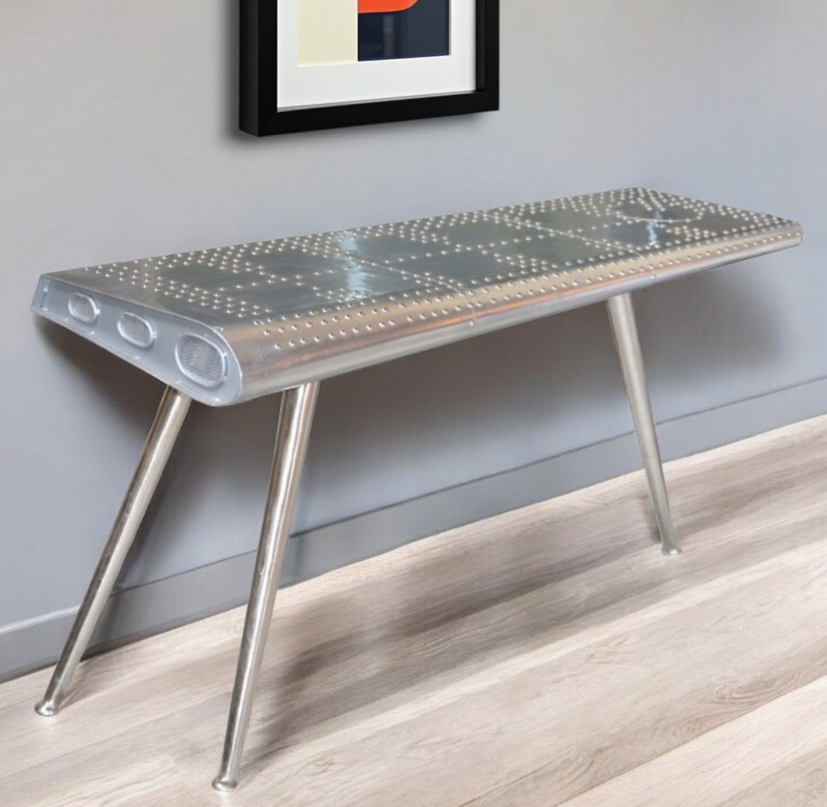 56" Silver Aluminum Three Leg Console Table-0
