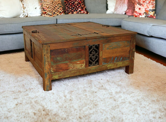 40" Brown Solid Wood Square Lift Top Solid Trunk Coffee Table-1