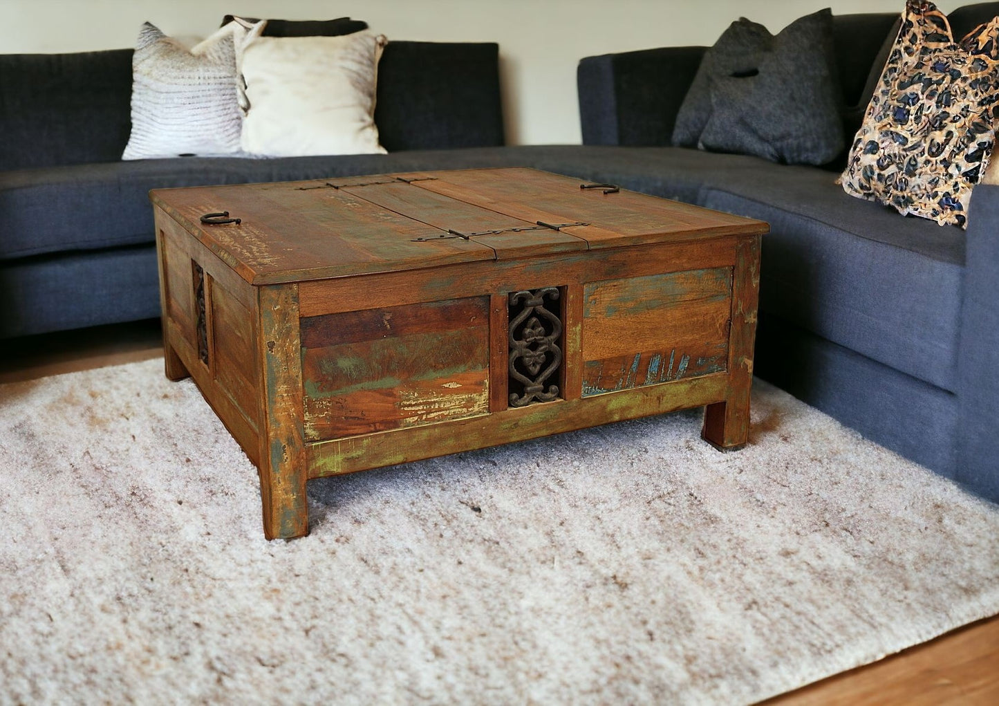 40" Brown Solid Wood Square Lift Top Solid Trunk Coffee Table-2