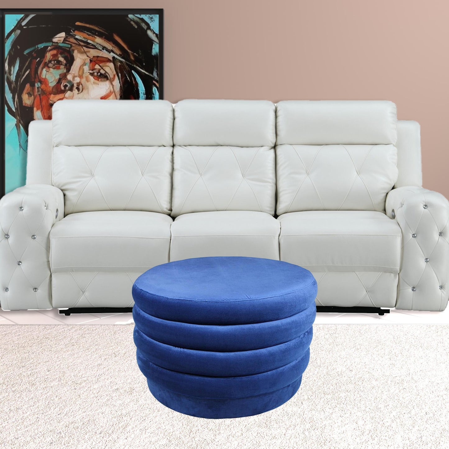 31" Blue Velvet Tufted Round Cocktail Ottoman-1