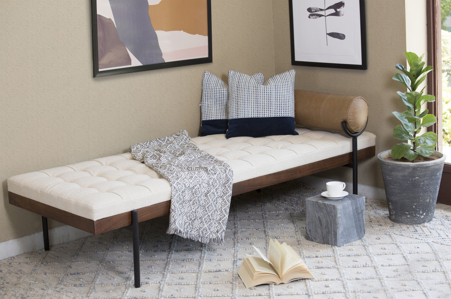 72" Ivory Brown And Black Tufted Cotton Wood And Metal Cushioned Bench With Pillow-7