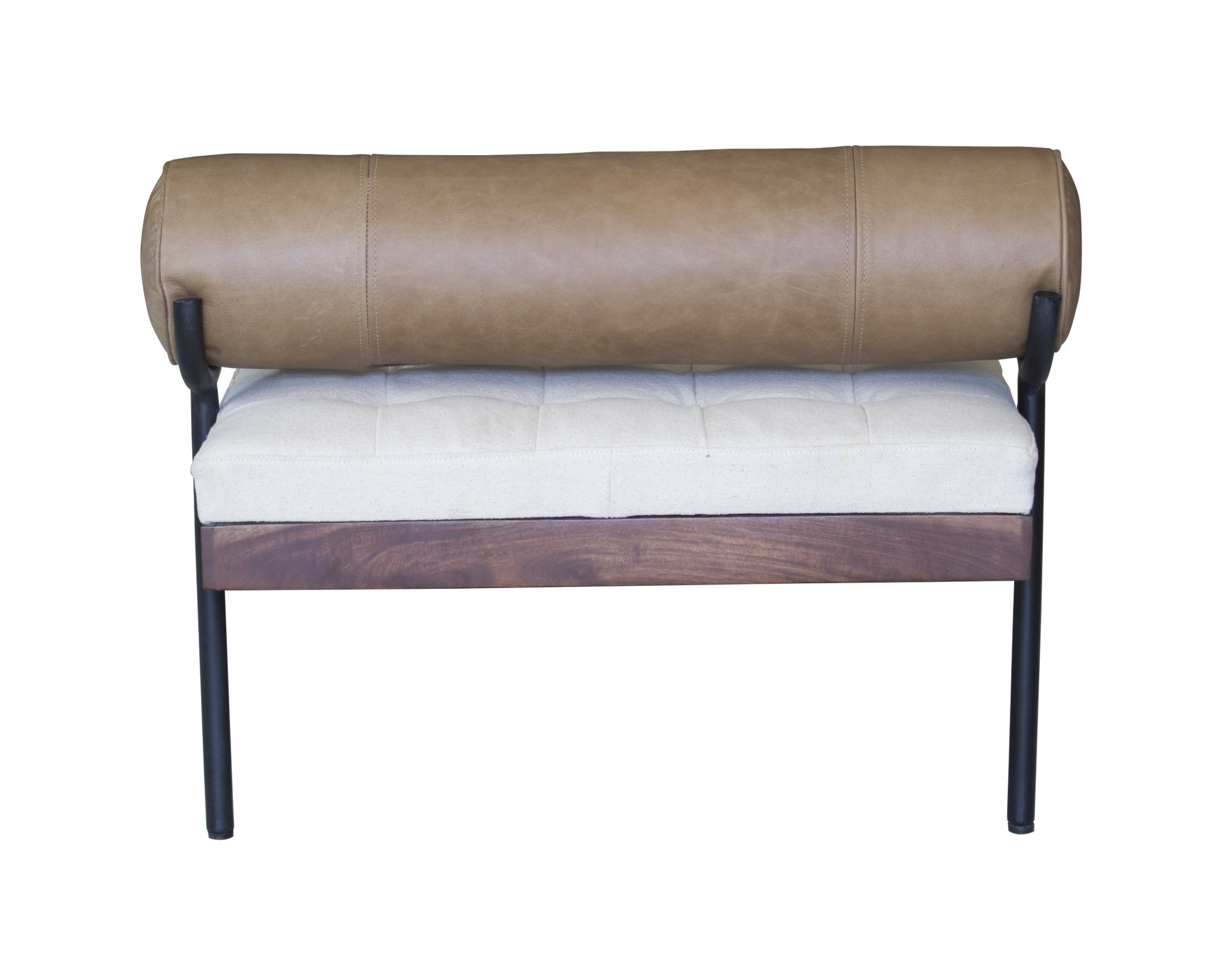 72" Ivory Brown And Black Tufted Cotton Wood And Metal Cushioned Bench With Pillow-2