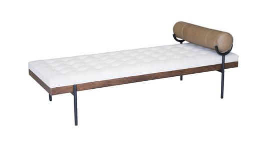 72" Ivory Brown And Black Tufted Cotton Wood And Metal Cushioned Bench With Pillow-1