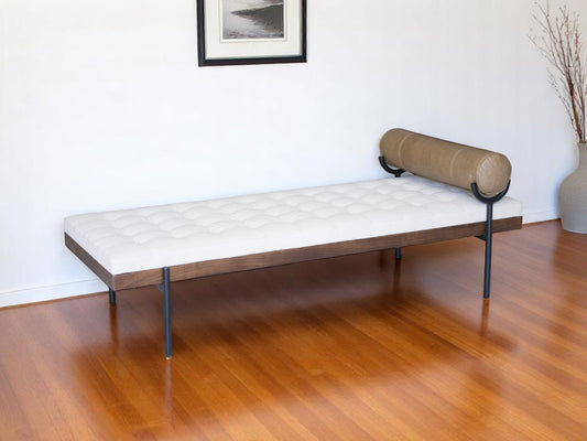 72" Ivory Brown And Black Tufted Cotton Wood And Metal Cushioned Bench With Pillow-0