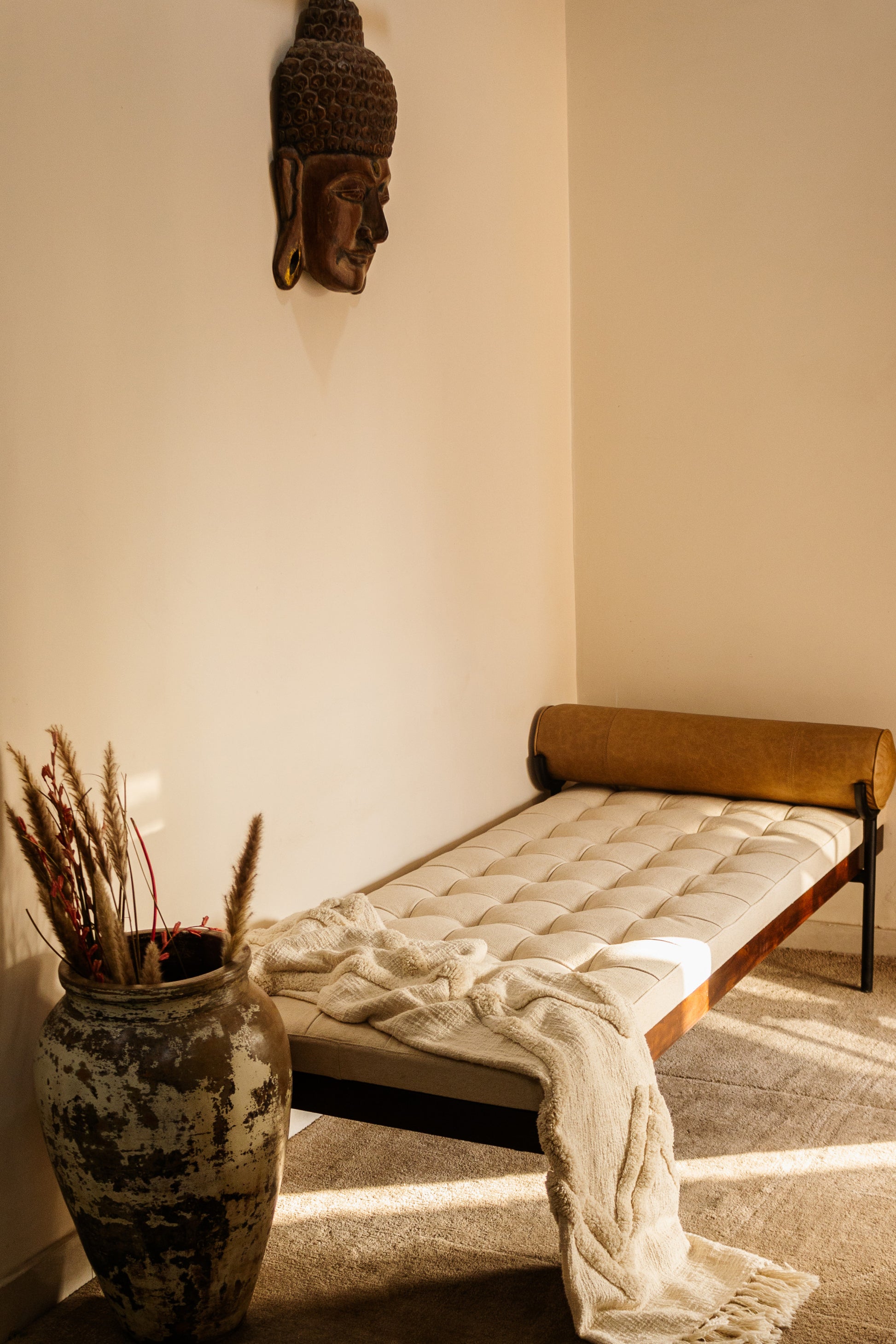 72" Ivory Brown And Black Tufted Cotton Wood And Metal Cushioned Bench With Pillow-6