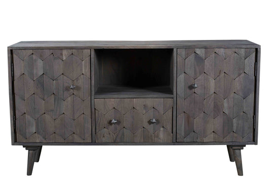 55" Dark Gray Carved Geometric Distressed Solid Wood Enclosed and Open Storage TV Stand-1