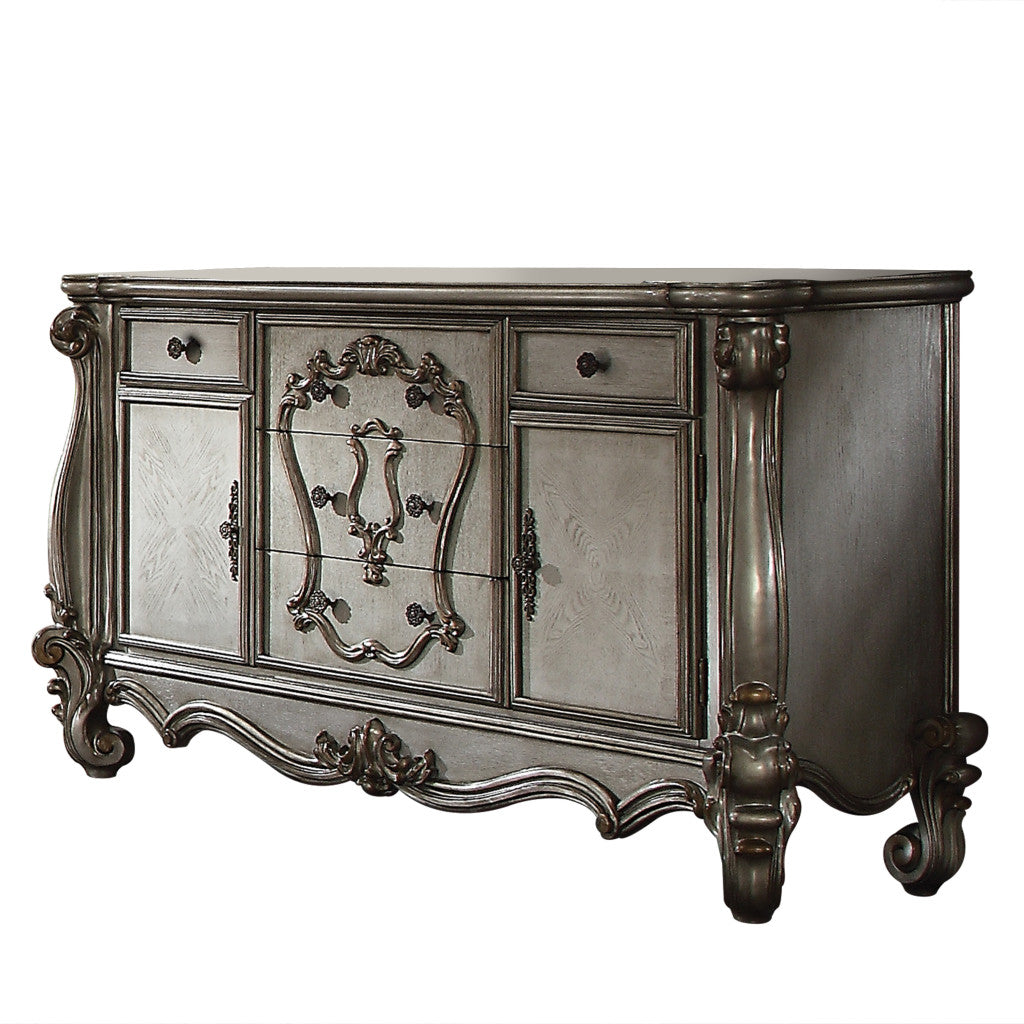 70" Platinum Carved Scrollwork Wood And Polyresin Five Drawer Triple Dresser-1