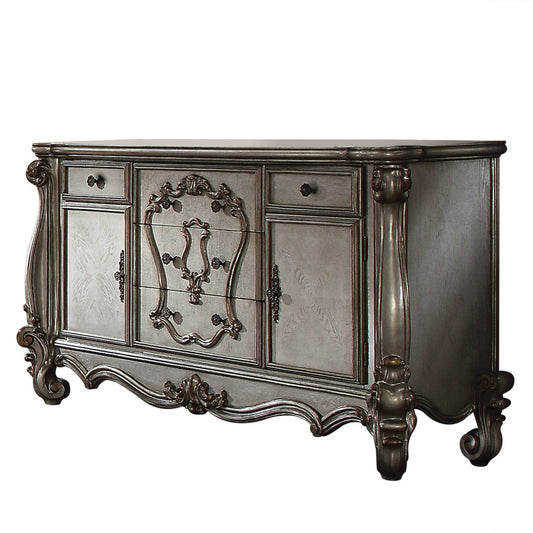 70" Platinum Carved Scrollwork Wood And Polyresin Five Drawer Triple Dresser-1