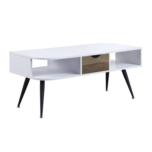 44" White and Black Melamine Veneer And Metal Coffee Table With Drawer And Shelf-0