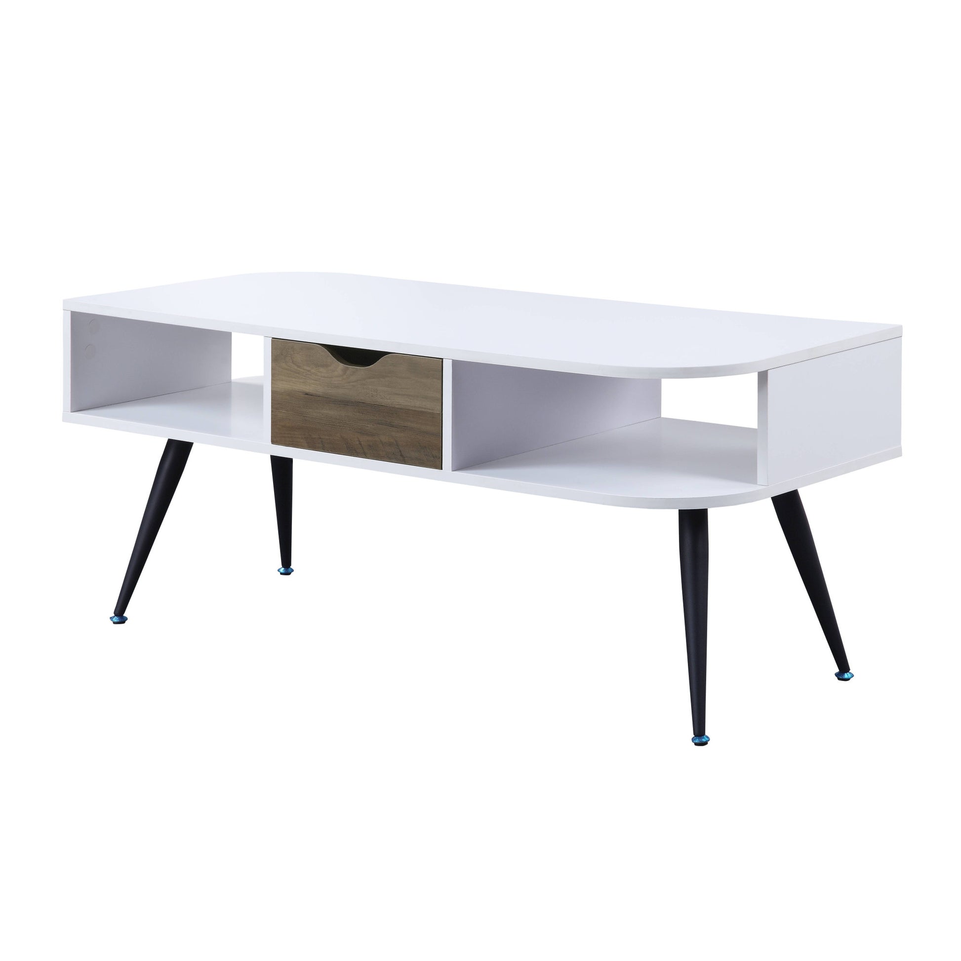44" White and Black Melamine Veneer And Metal Coffee Table With Drawer And Shelf-1
